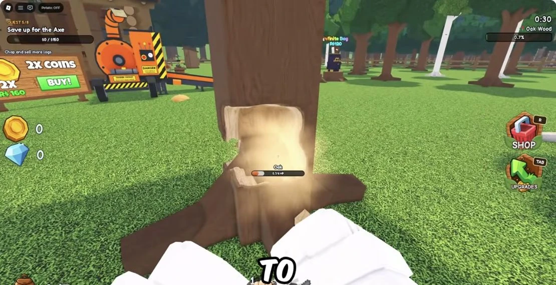 A player punches an Oak tree in Chop A Forest with the first Axe saving objective visible