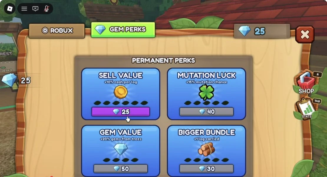Permanent Perks menu showing Sell Value 25, Mutation Luck 40, Gem Value 50 and Bigger Bundle 30 gems