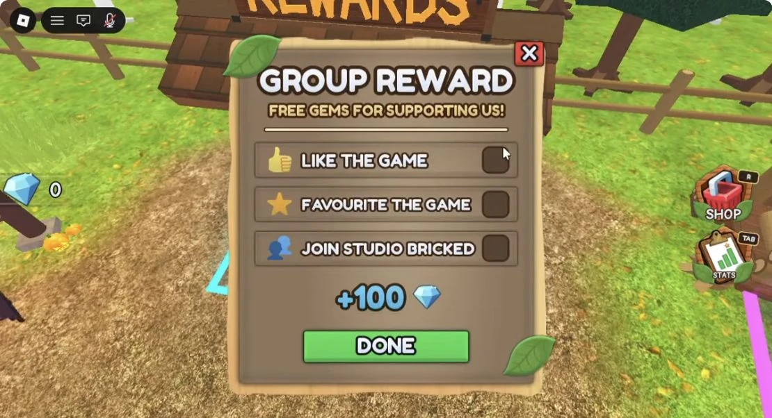 Group Reward panel shows Like the Game, Favourite the Game and Join Studio Bricked checkboxes with a 100-gem display